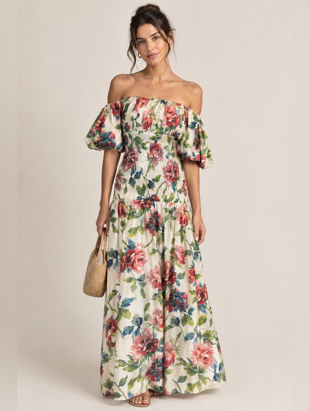 Abercrombie & Fitch Floral Smocked Drop Waist Off Shoulder Boho Maxi Dress